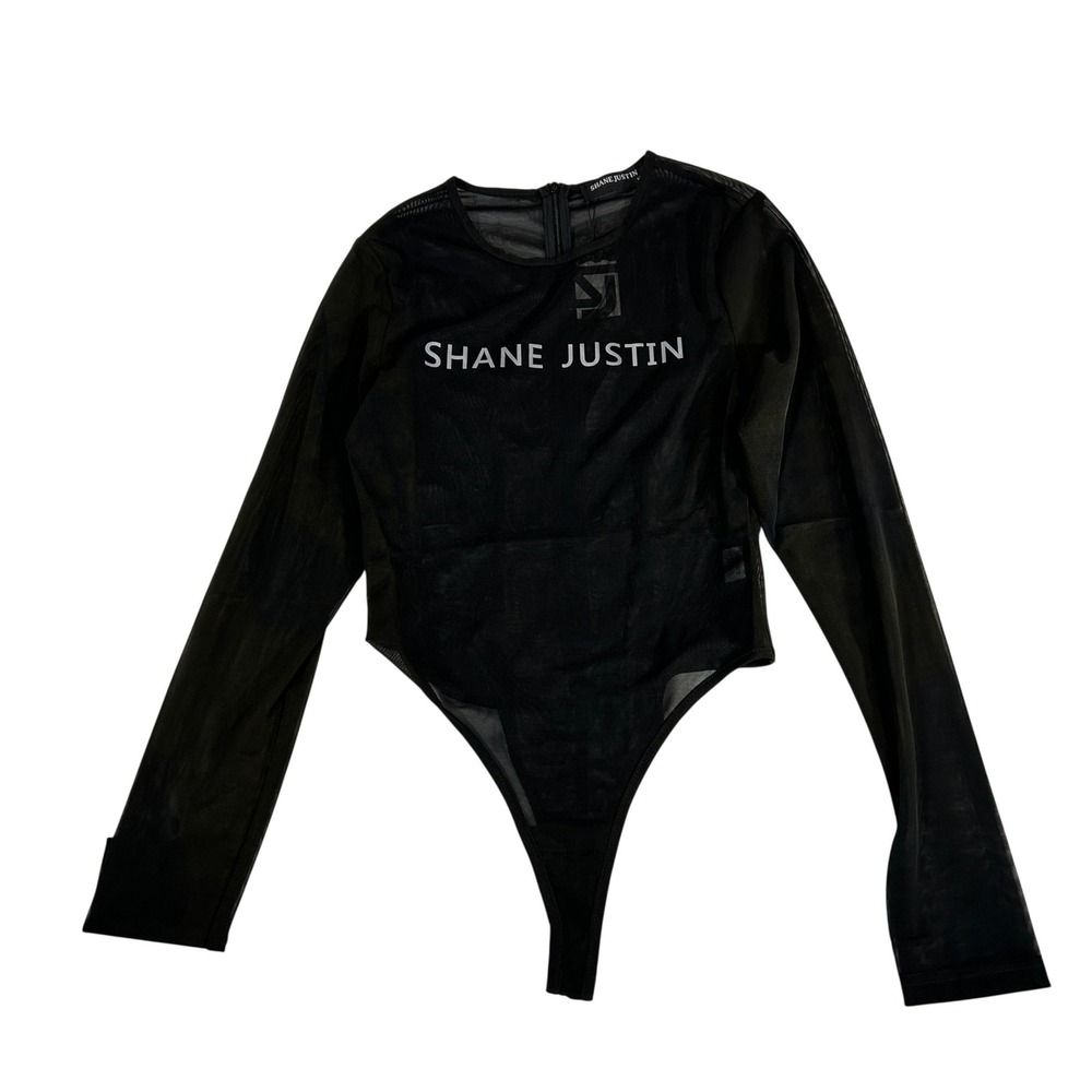 Shane Justin Black Sheer Mesh Long Sleeve Logo Bodysuit Womens Size Medium NEW